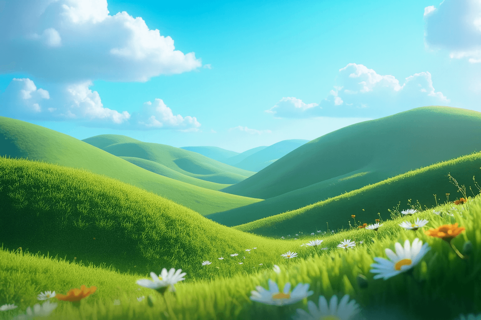 Rolling green hills with flowers